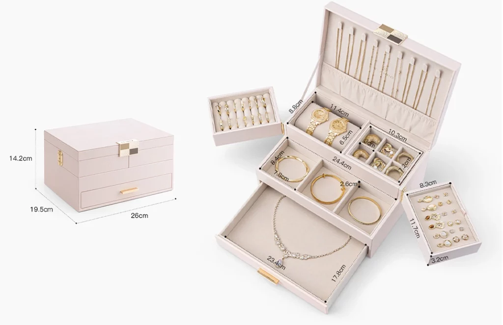 Dimensions and compartment layout of large jewelry box organizer, showing organized sections for rings, earrings, and watches Oh Precious