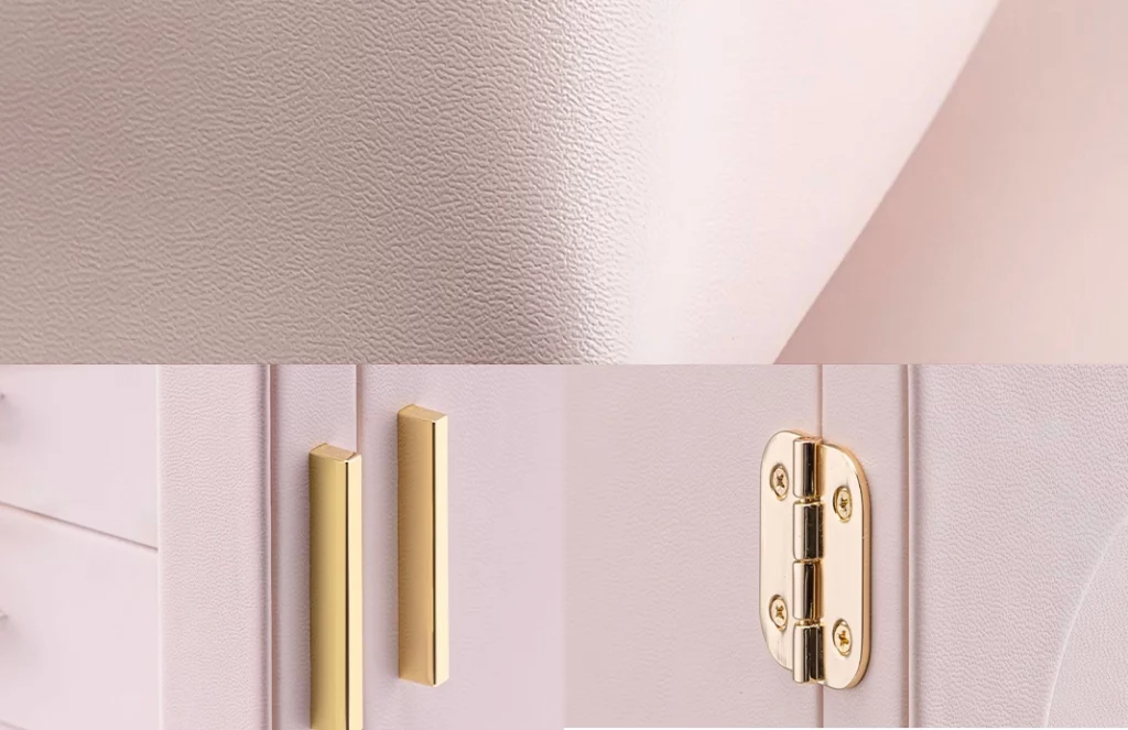 Close-up of vegan leather texture and gold feet on elegant jewelry box