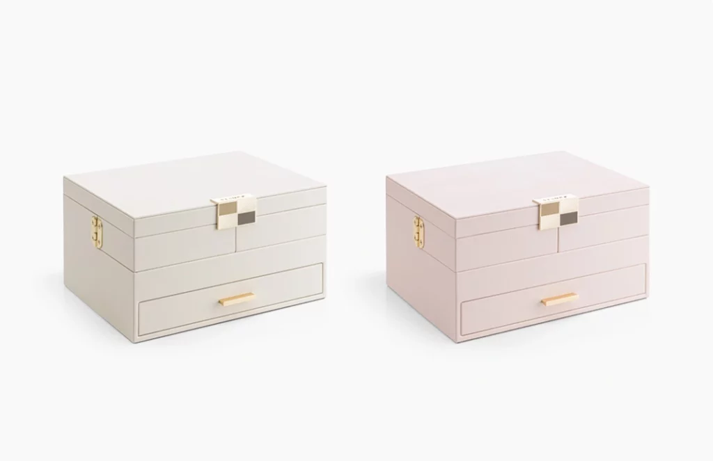 Ivory and blush pink large jewelry box organizers side by side, blending style and functionality for modern home decor Oh Precious