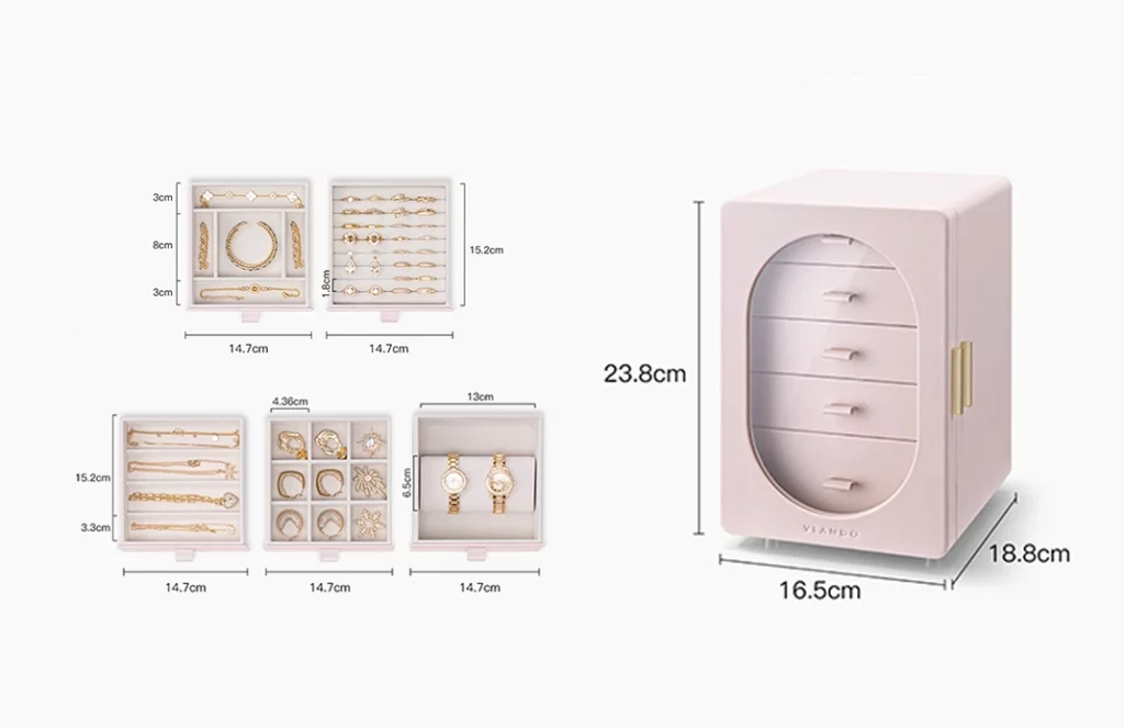 Jewelry box dimensions and layout showing glass door, drawers, necklace section
