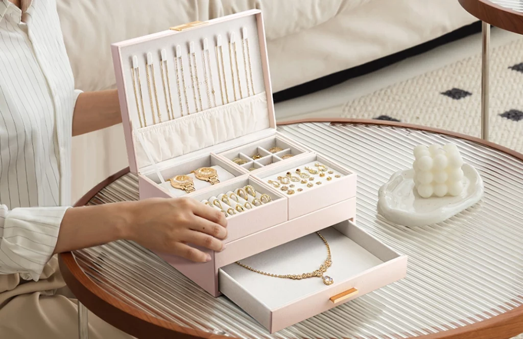 Open 3-layer large jewelry box organizer showing ring rolls, earring slots, and spacious drawers for necklaces and bracelets Oh Precious