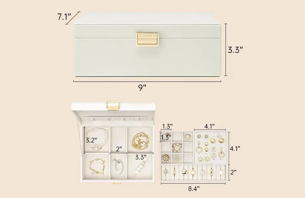 Jewelry box dimension layout showing compartments for rings, earrings, and bracelets