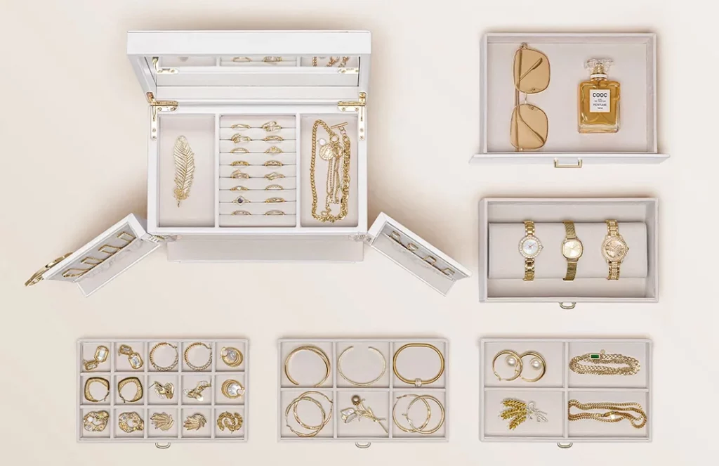 Dimensions and 6-layer layout of large jewelry box with mirror, showing compartments for jewelry.