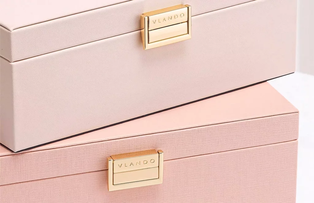 Blush leather jewelry box for women in gift packaging, ready to delight