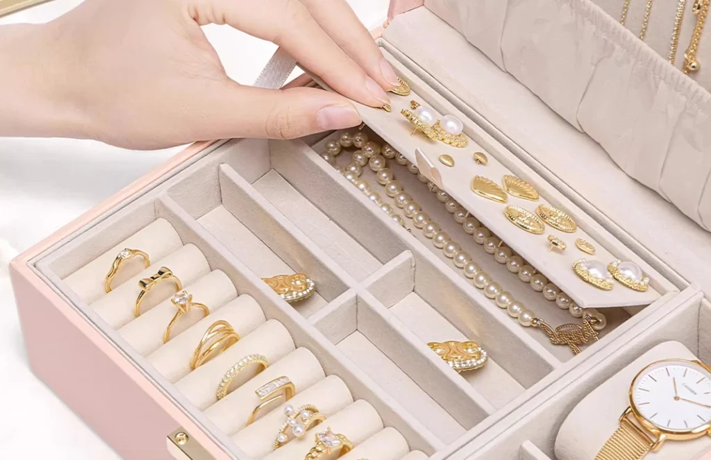 Secret compartment under earring board inside elegant two-layer jewelry box organizer