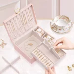Leather Jewelry Box 2 Layer Vegan Organizer with Elegant Lock