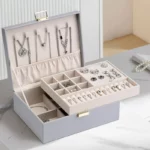 Leather gray Jewelry Box 2 Layer Vegan Organizer with Elegant Lock
