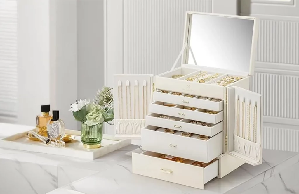 Open 6-layer jewelry box with mirror showing organized spaces for rings, necklaces, and watches