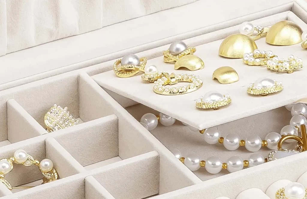 Soft velvet-lined jewelry organizer interior for women’s rings and earrings