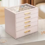5 Drawer Jewelry Box with Glass Lid Elegant Velvet Organizer