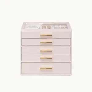 5 DrawerJewelry Box with Glass Lid Elegant Velvet Organizer Blush Whisper