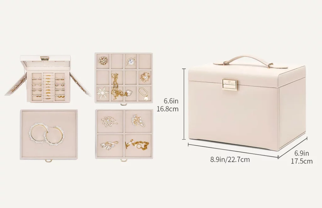 Dimensions and compartment layout of portable jewelry box organizer for women