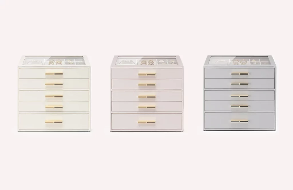 Ivory pink and grey 5 drawer jewelry boxes with gold handles modern display worthy design