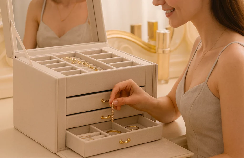 Portable jewelry box organizer open on vanity in morning light, symbolizing calm and self-care