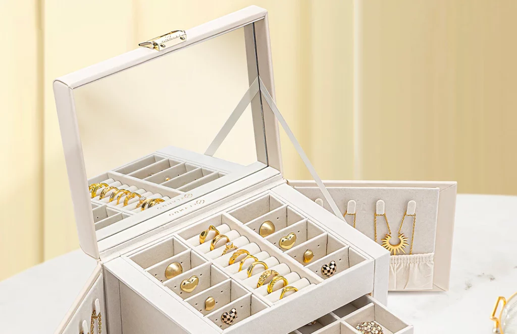 Portable jewelry box organizer with built-in mirror for effortless accessorizing