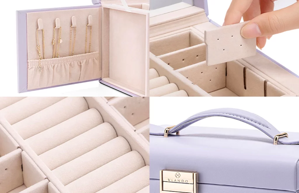 Close-up of vegan leather texture and gold clasp of portable jewelry box organizer