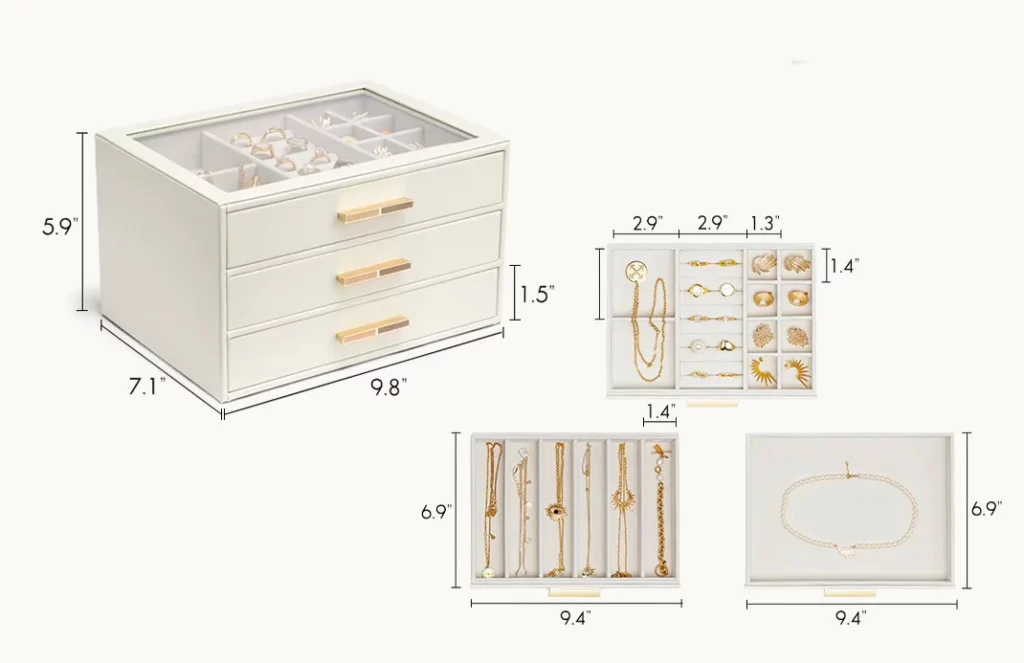 Dimensions and internal layout of a 3-drawer jewelry box with ring rolls and adjustable sections