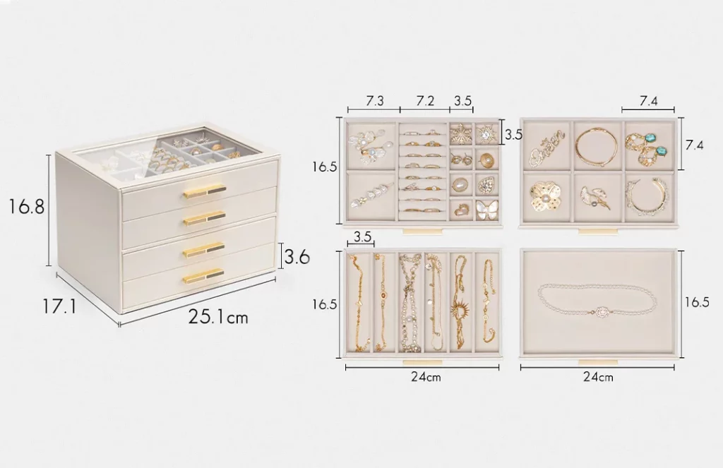 Dimensions and internal layout of a 4-drawer jewelry box with ring rolls and adjustable sections