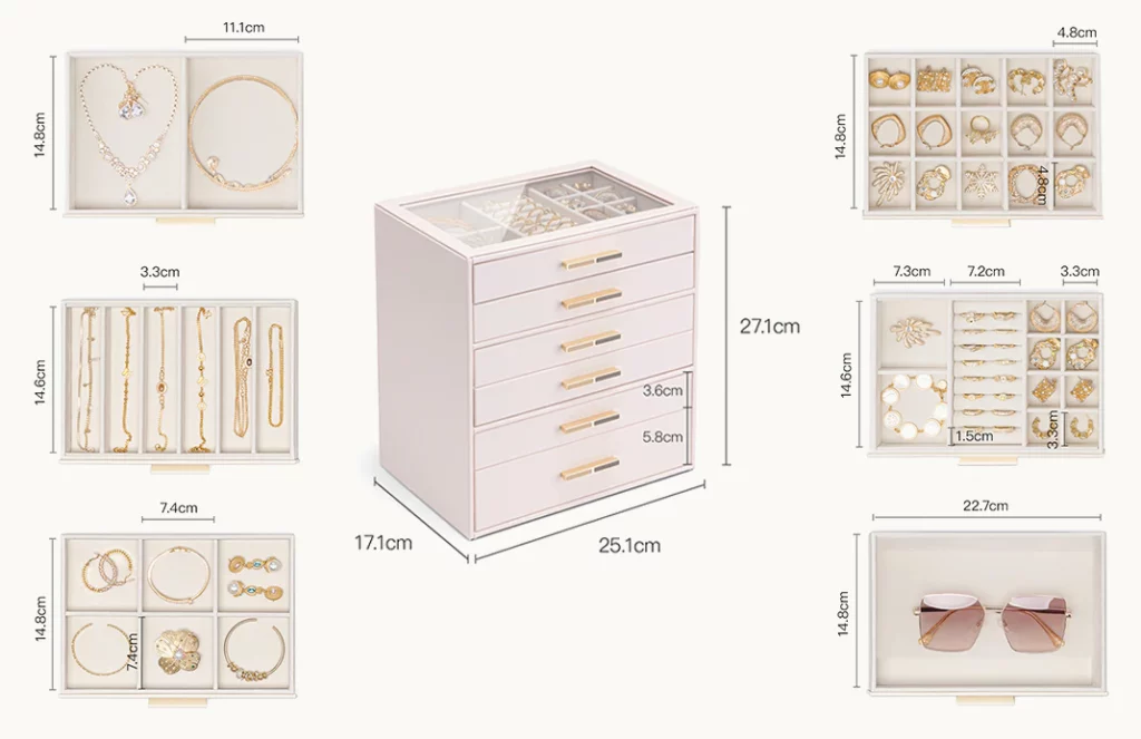 Dimensions and drawer layout of a 6-drawer jewelry box with ring rolls and adjustable sections