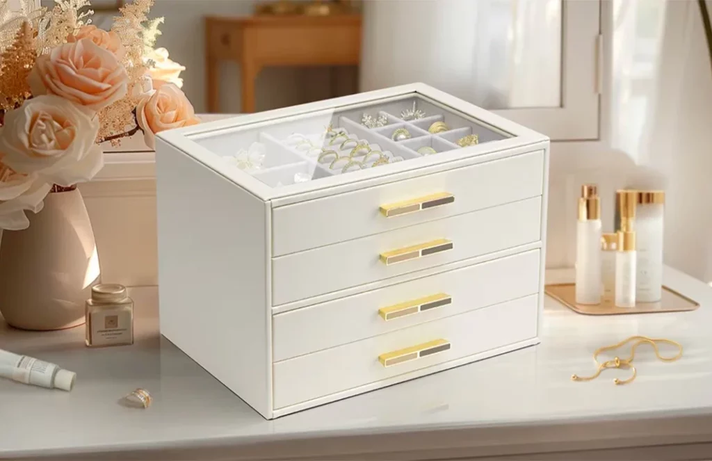 Glass-top 4-drawer jewelry box on a vanity for at-a-glance selection