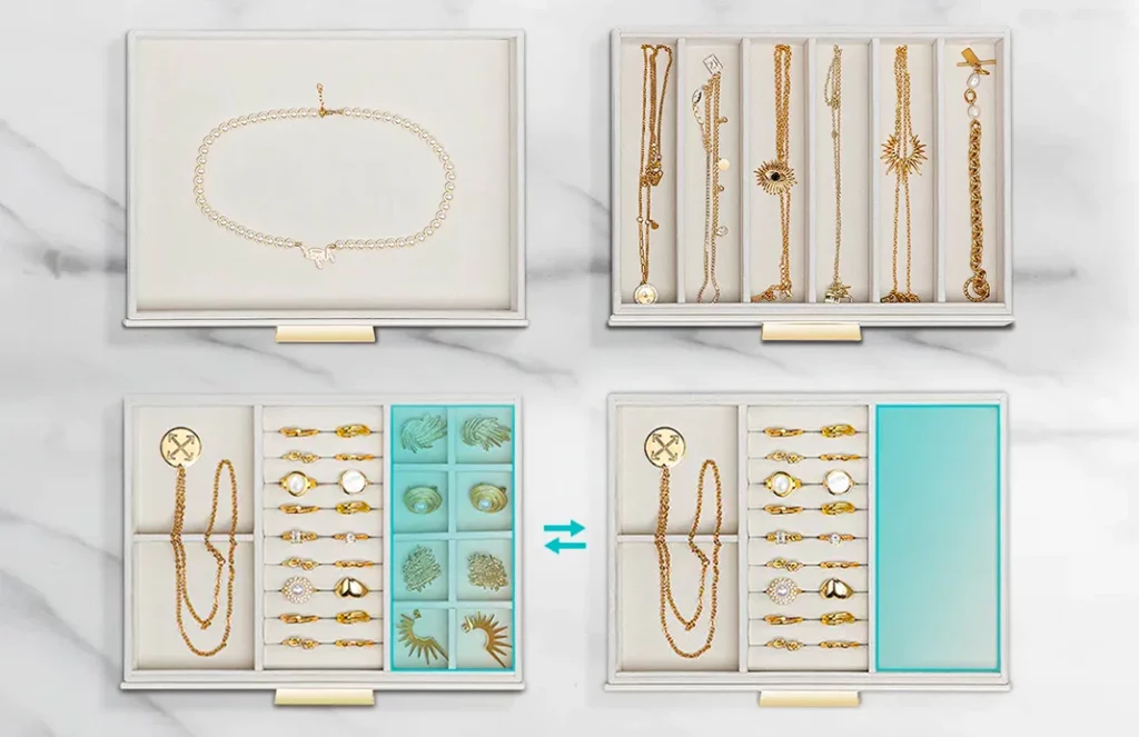 Open 3-drawer jewelry box with ring rolls, earring grid, and adjustable compartments